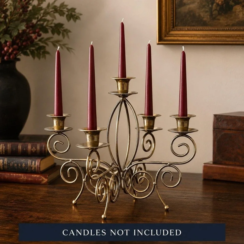 Vintage Home Interiors Gold Scroll Candelabra 5 Arm Brass Tone Candle Holder